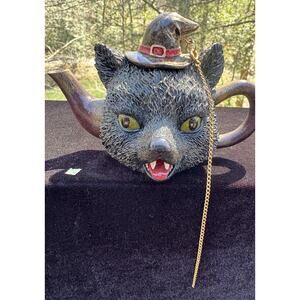 Rare Vintage Halloween Black Cat Witch Mini Teapot -TO15